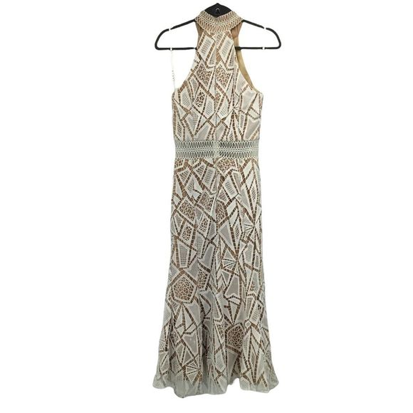 Jarlo Spring Ivory Nude Lace Illusion Flounce Halter Long Dress New With Tag 6 - Picture 6 of 11